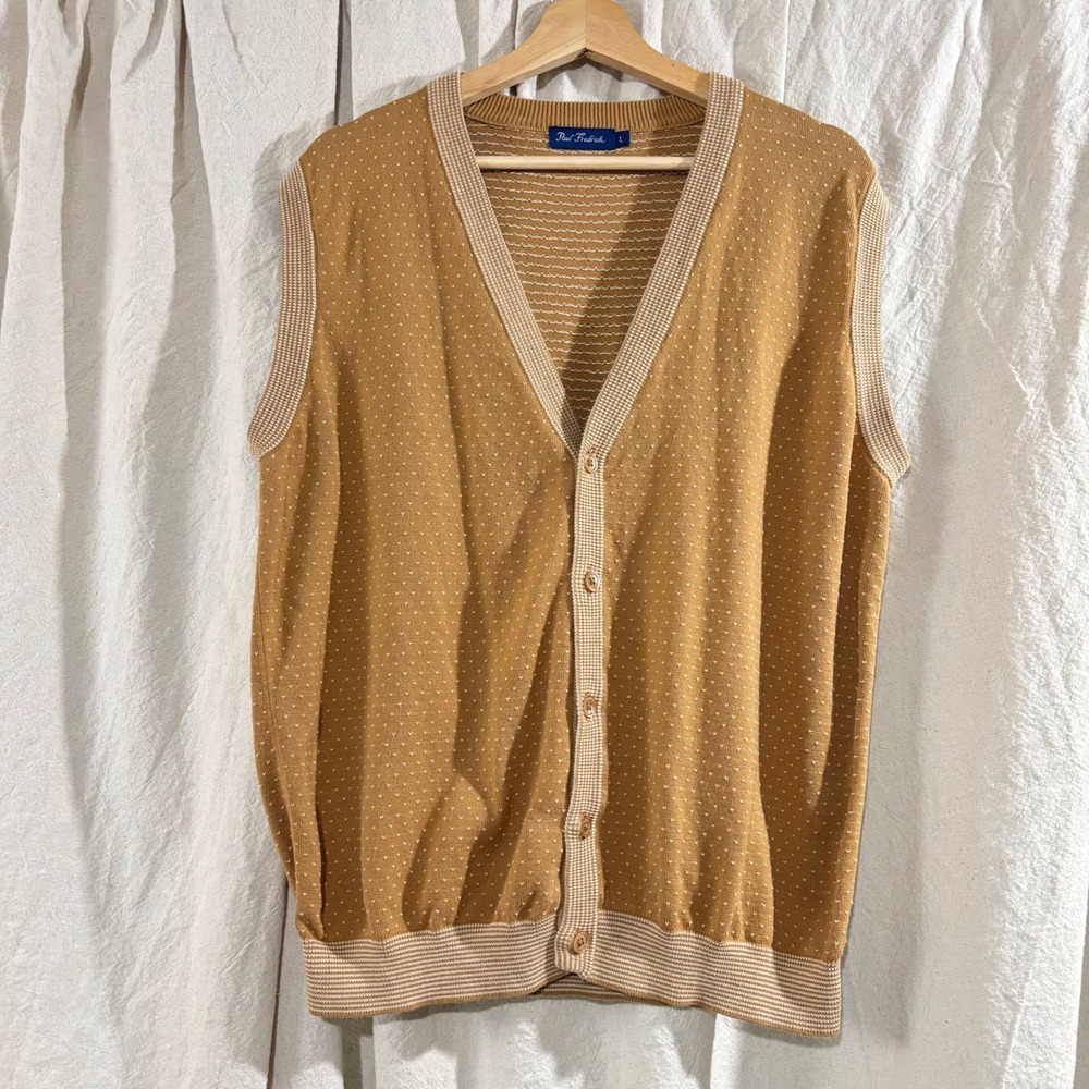 Paul Fredrick Mens Cotton Button Front Cardigan Vest Camel Tan Micro Pattern L